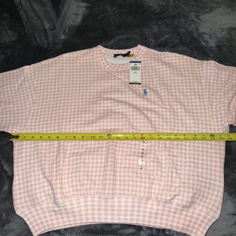 Medium Polo Ralph Lauren Gingham Fleece Sweatshirt Pink White - Picture 4 of 13